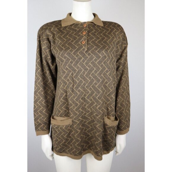 VINTAGE 80s WOMEN'S BROWN COLLARED SWEATER W/ POCKETS - DONNA TORAN - SIZE M - Picture 2 of 7